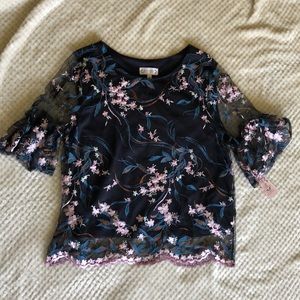 Nanette floral navy blue embroidered sheer top